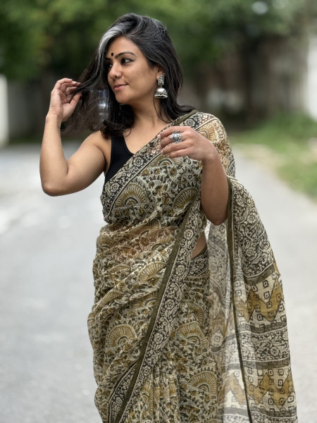 BLACK-MUSTARD HAND BLOCK PRINT COTTON KOTA SARI