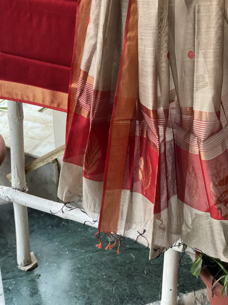 MAROON-GREY MAHESHWARI SILK & COTTON ZARI BORDER WOVEN SHIRT & DUPATTA SET