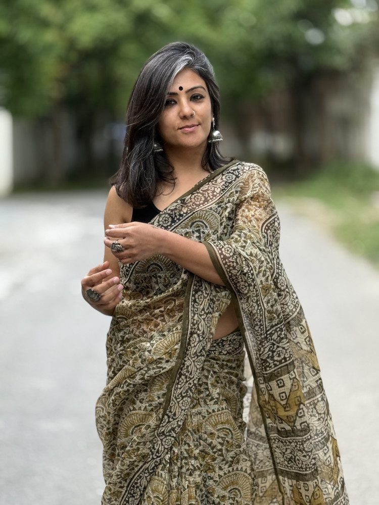 Image of BLACK-MUSTARD HAND BLOCK PRINT COTTON KOTA SARI