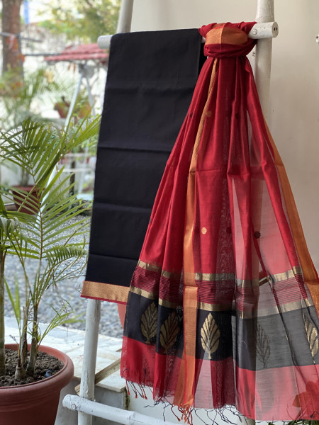 BLACK-RED MAHESHWARI SILK & COTTON ZARI BORDER WOVEN SHIRT & DUPATTA SET