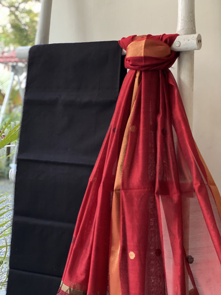 BLACK-RED MAHESHWARI SILK & COTTON ZARI BORDER WOVEN SHIRT & DUPATTA SET