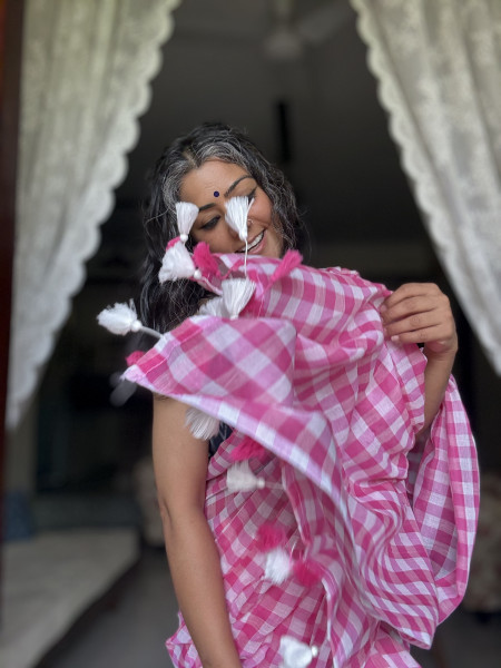 PINK GINGHAM CHECKS  MULMUL COTTON SARI
