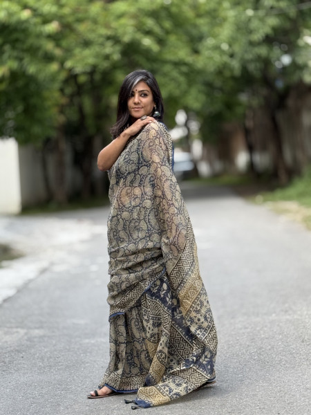 INDIGO-BEIGE HAND BLOCK PRINT COTTON KOTA SARI