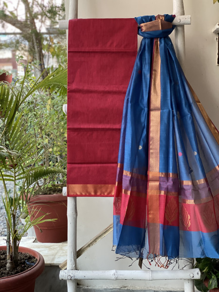 ROSE-BLUE MAHESHWARI SILK & COTTON ZARI BORDER WOVEN SHIRT & DUPATTA SET