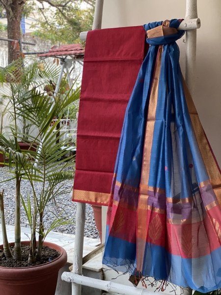 ROSE-BLUE MAHESHWARI SILK & COTTON ZARI BORDER WOVEN SHIRT & DUPATTA SET