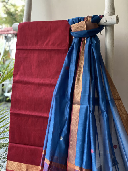 ROSE-BLUE MAHESHWARI SILK & COTTON ZARI BORDER WOVEN SHIRT & DUPATTA SET