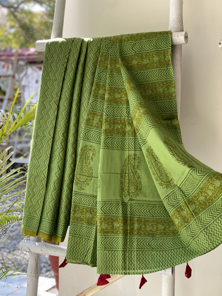 GREEN HAND BLOCK PRINT COTTON MULL SARI