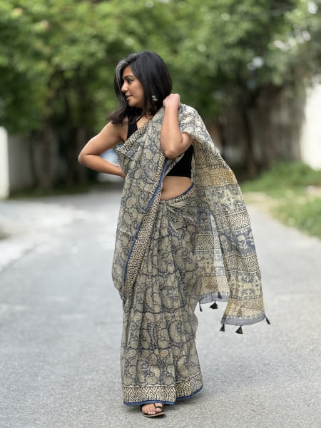INDIGO-BEIGE HAND BLOCK PRINT COTTON KOTA SARI