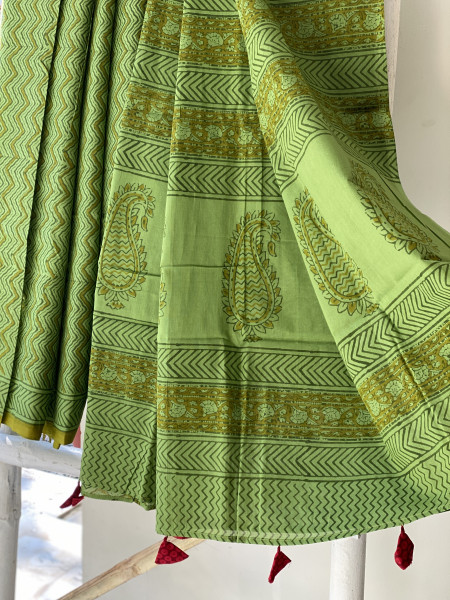 GREEN HAND BLOCK PRINT COTTON MULL SARI