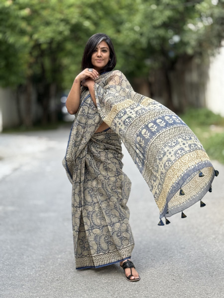 INDIGO-BEIGE HAND BLOCK PRINT COTTON KOTA SARI