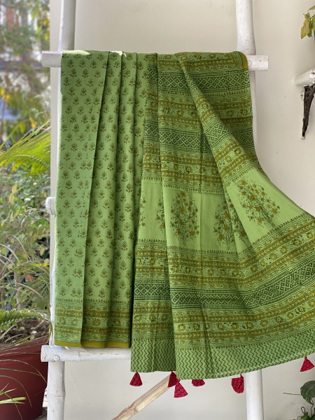 GREEN HAND BLOCK PRINT COTTON MULL SARI