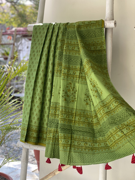 GREEN HAND BLOCK PRINT COTTON MULL SARI