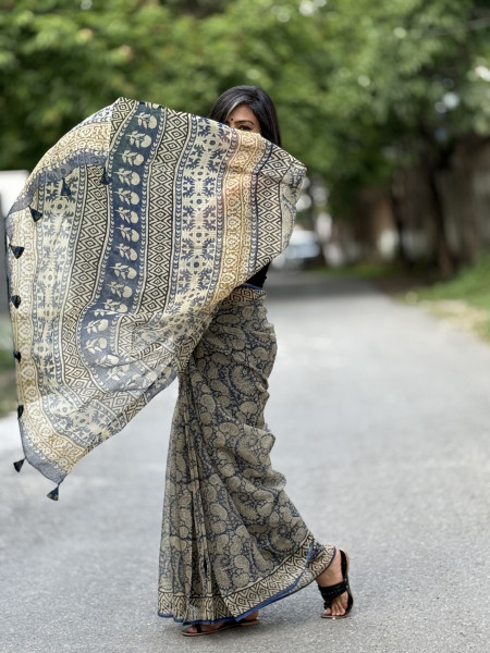INDIGO-BEIGE HAND BLOCK PRINT COTTON KOTA SARI