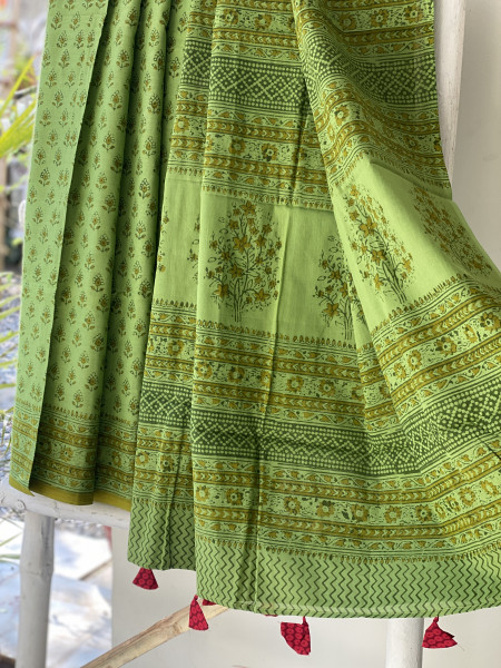 GREEN HAND BLOCK PRINT COTTON MULL SARI