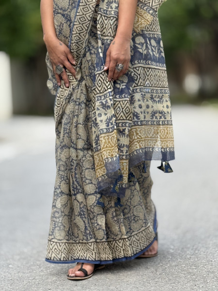 INDIGO-BEIGE HAND BLOCK PRINT COTTON KOTA SARI