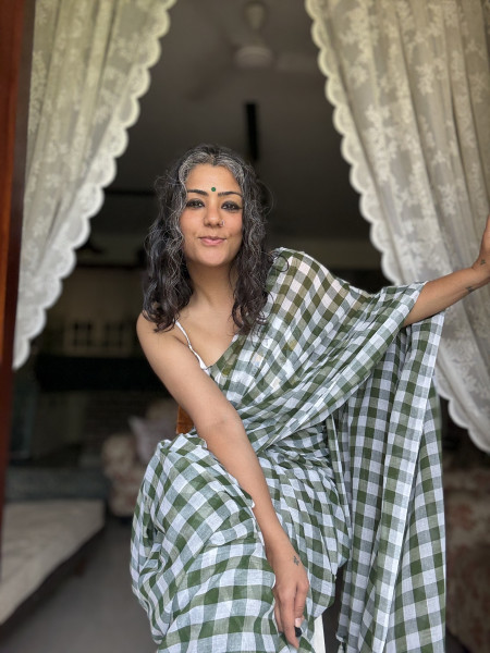 BOTTLE GREEN GINGHAM CHECKS  MULMUL COTTON SARI