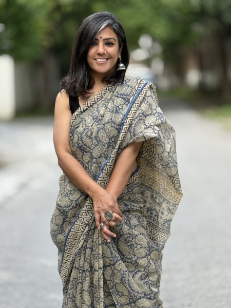 INDIGO-BEIGE HAND BLOCK PRINT COTTON KOTA SARI