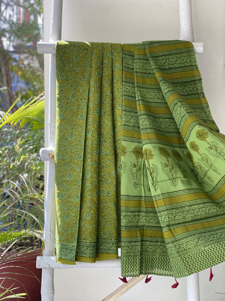 GREEN HAND BLOCK PRINT COTTON MULL SARI