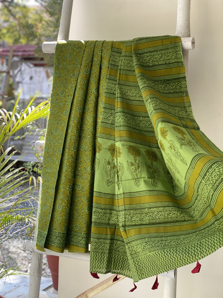 GREEN HAND BLOCK PRINT COTTON MULL SARI