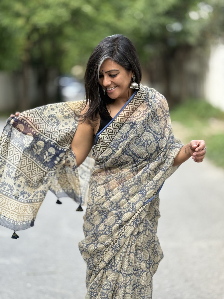 Image of INDIGO-BEIGE HAND BLOCK PRINT COTTON KOTA SARI