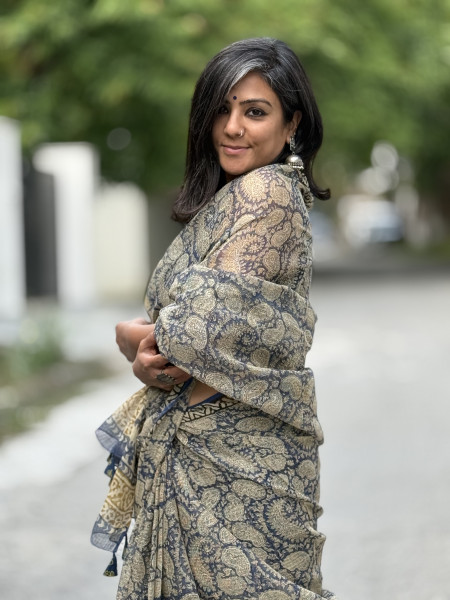 INDIGO-BEIGE HAND BLOCK PRINT COTTON KOTA SARI
