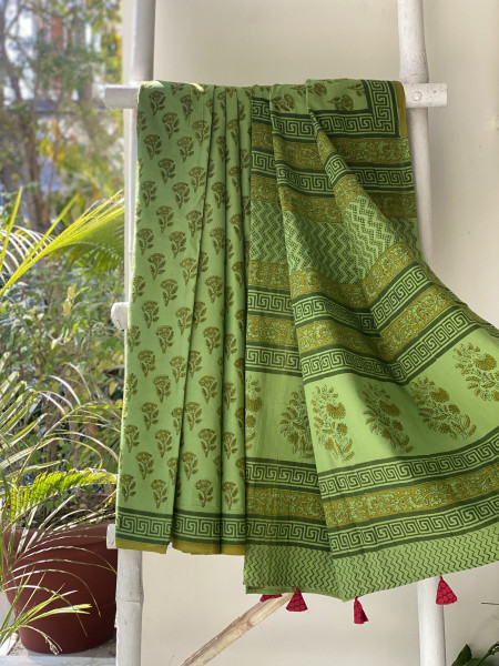 GREEN HAND BLOCK PRINT COTTON MULL SARI