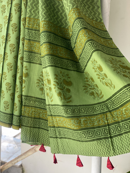 GREEN HAND BLOCK PRINT COTTON MULL SARI