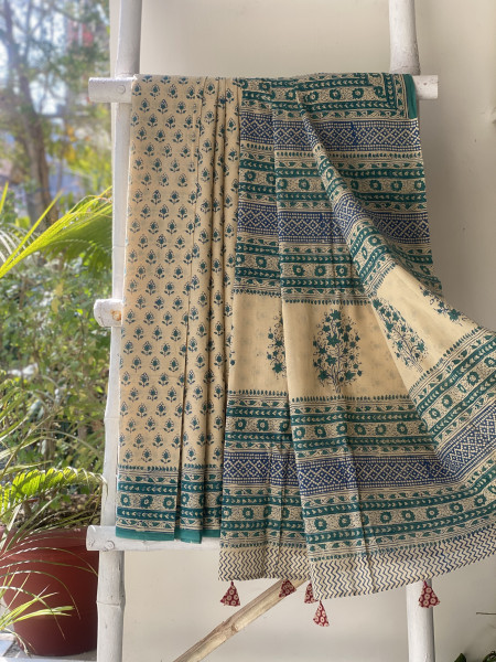 BEIGE-TEAL HAND BLOCK PRINT COTTON MULL SARI