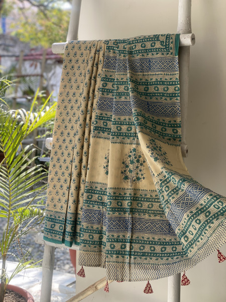BEIGE-TEAL HAND BLOCK PRINT COTTON MULL SARI