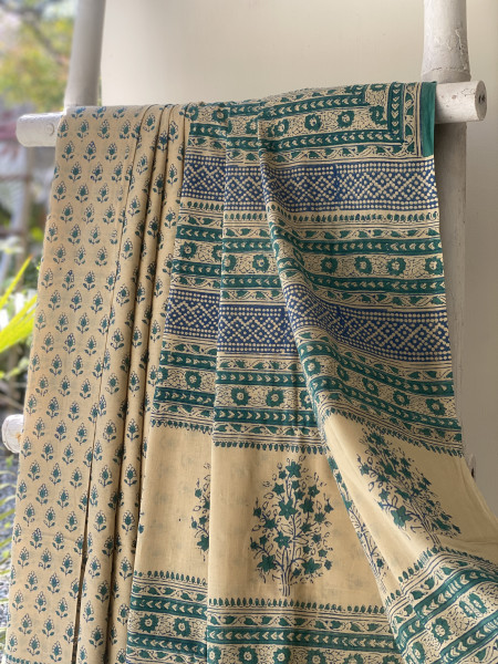BEIGE-TEAL HAND BLOCK PRINT COTTON MULL SARI