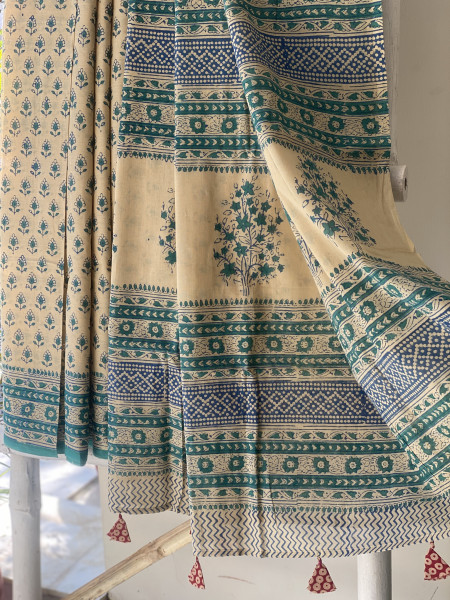 BEIGE-TEAL HAND BLOCK PRINT COTTON MULL SARI
