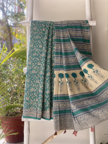 TEAL HAND BLOCK PRINT COTTON MULL SARI