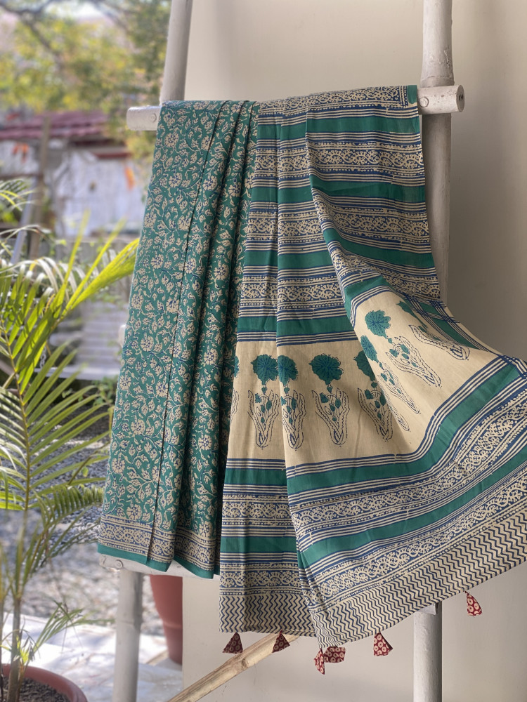 Image of TEAL HAND BLOCK PRINT COTTON MULL SARI