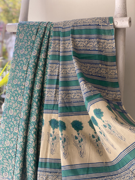 TEAL HAND BLOCK PRINT COTTON MULL SARI