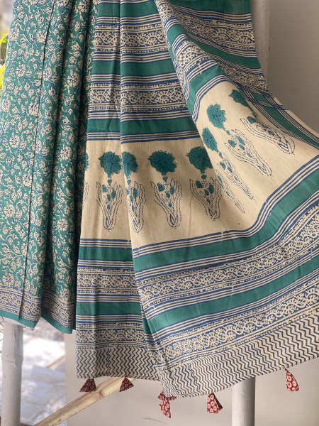 TEAL HAND BLOCK PRINT COTTON MULL SARI