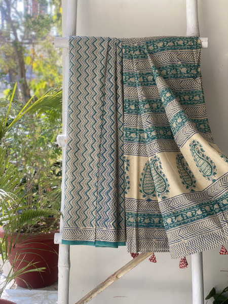 BEIGE-TEAL HAND BLOCK PRINT COTTON MULL SARI
