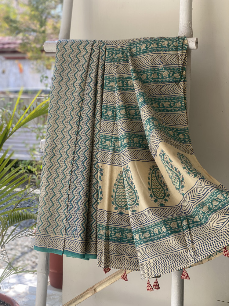 Image of BEIGE-TEAL HAND BLOCK PRINT COTTON MULL SARI