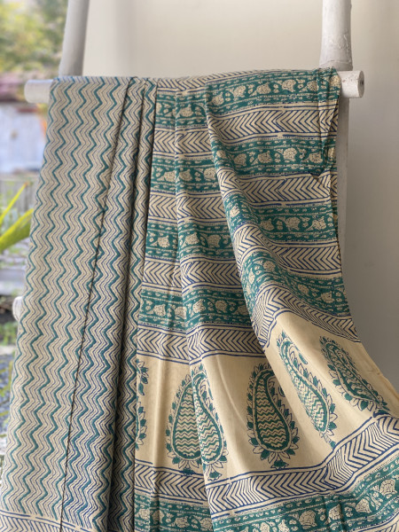 BEIGE-TEAL HAND BLOCK PRINT COTTON MULL SARI