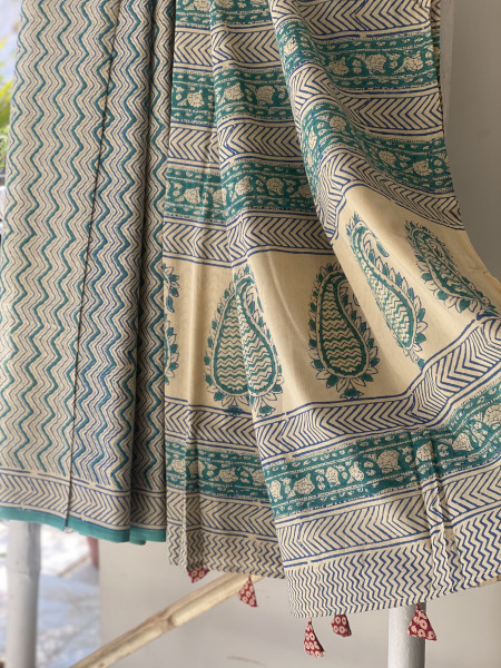 BEIGE-TEAL HAND BLOCK PRINT COTTON MULL SARI