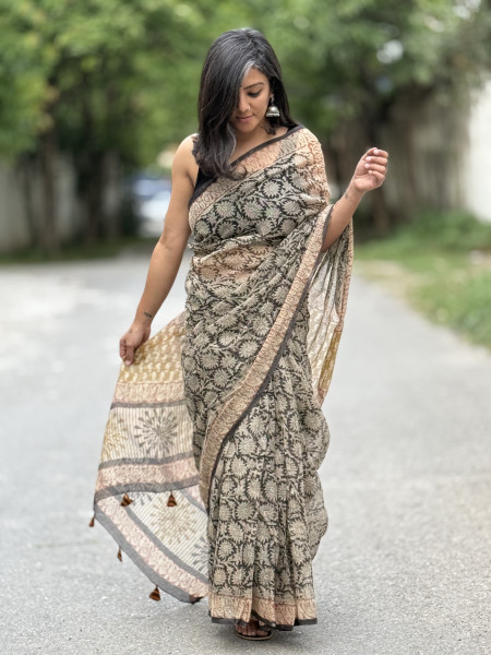 BLACK HAND BLOCK PRINT COTTON KOTA SARI