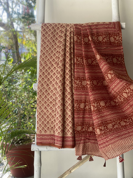 BEIGE-RED HAND BLOCK PRINT COTTON MULL SARI