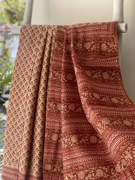 BEIGE-RED HAND BLOCK PRINT COTTON MULL SARI