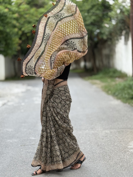 BLACK HAND BLOCK PRINT COTTON KOTA SARI