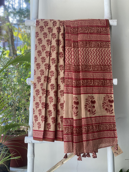 BEIGE-RED HAND BLOCK PRINT COTTON MULL SARI