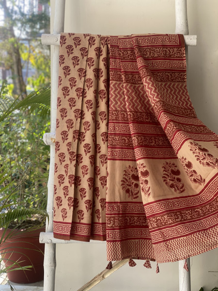 BEIGE-RED HAND BLOCK PRINT COTTON MULL SARI