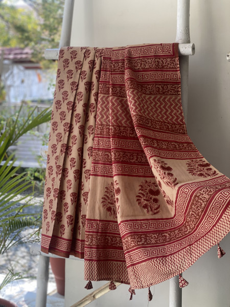 BEIGE-RED HAND BLOCK PRINT COTTON MULL SARI
