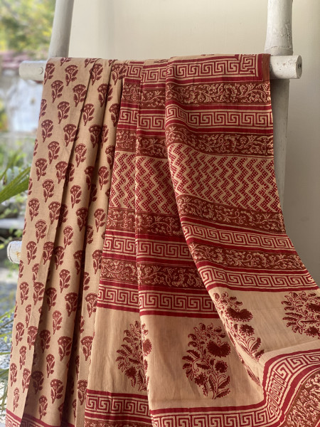 BEIGE-RED HAND BLOCK PRINT COTTON MULL SARI