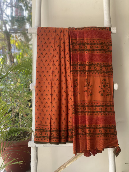 RUST-GREEN HAND BLOCK PRINT COTTON MULL SARI