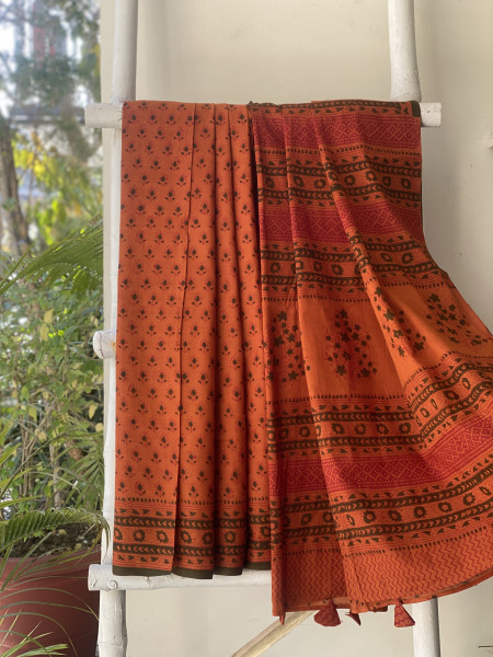 RUST-GREEN HAND BLOCK PRINT COTTON MULL SARI
