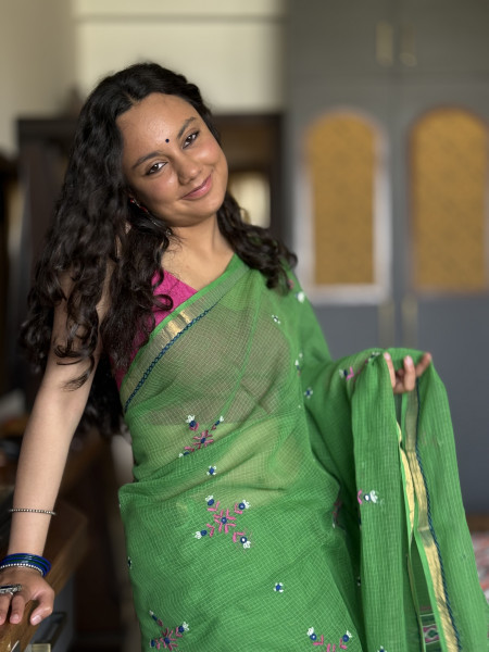 GREEN KOTA COTTON HAND EMBROIDERED SARI